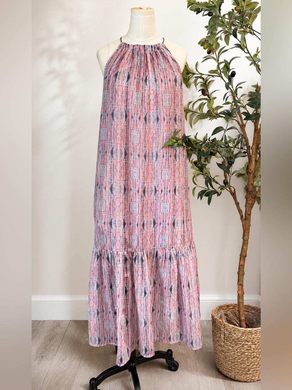 World Market Metallic Stripe Halter Midi Dress S/M Pink Gray Boho - Picture 1 of 7